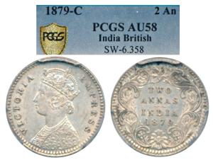 Victoria Empress, Silver 2 Annas, 1879, Calcutta Mint, B / II / C incuse, (Prid 494). Grad