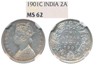 Victoria Empress, Silver 2 Annas, 1901, Calcutta Mint, (Prid 515). Graded by NGC MS62.