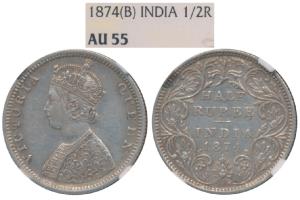 Victoria Queen, Silver ½ Rupee, 1874, Bombay Mint, B2 / II / dot, (Prid 285). Graded by NG