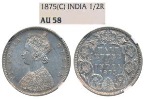 Victoria Queen, Silver ½ Rupee, 1875, Calcutta Mint, A / I / No mint mark, (Prid 260). Gra