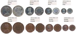 Victoria Queen, set of 8 Restrike Proof Set, 1877, Silver Rupee, ½, ¼ and 2 Annas and Copp