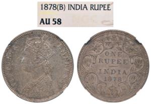 Victoria Empress, Silver Rupee, 1878, Bombay Mint (Prid 151). Graded by NGC AU58.
