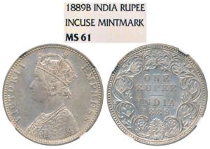 Victoria Empress, Silver Rupee, 1889, Bombay Mint, B incuse (Prid 177). Graded by NGC MS61
