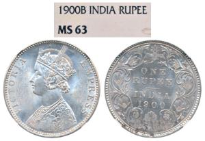 Victoria Empress, Silver Rupee, 1900, Bombay Mint, B incuse, (Prid 186). Graded by NGC MS6