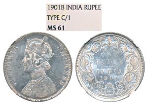 Victoria Empress, Silver Rupee, 1901, Bombay Mint, A3 / I / B incuse (Prid 187). Graded by