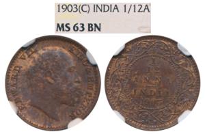 Edward VII, Copper 1/12 Anna, 1903, Calcutta Mint (Prid 818). Graded by NGC MS63BN.