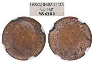 Edward VII, Copper 1/12 Anna, 1906, Calcutta Mint (Prid 822). Graded by NGC MS63 RB.