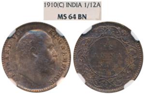Edward VII, Bronze 1/12 Anna, 1910, Calcutta Mint (Prid 826). Graded by NGC MS64BN.