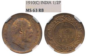 Edward VII, Copper ½ Pice, 1910, Calcutta Mint, (Prid 744). Graded by NGC MS63 RB.