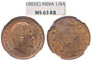 Edward VII, Copper ¼ Anna, 1903, Calcutta Mint (Prid 646). Graded by NGC MS63 RB.