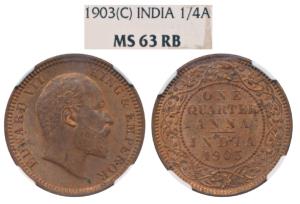 Edward VII, Copper ¼ Anna, 1903, Calcutta Mint. Graded by NGC MS63 RB.