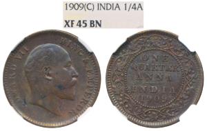Edward VII, Copper ¼ Anna, 1909, Calcutta Mint (Prid 654). Graded by NGC XF45 BN.