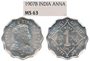 Edward VII, Cupro-Nickel Anna, 1907, Bombay Mint, B incuse, (Prid 926). Graded by NGC MS63