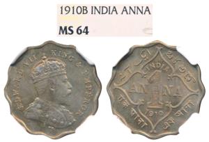 Edward VII, Cupro-Nickel Anna, 1910, Bombay Mint, B incuse (Prid 929). Graded by NGC MS64,