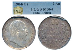 Edward VII, Silver 2 Annas, 1904, Calcutta Mint (Prid 557). Graded by PCGS MS64.