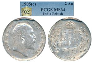 Edward VII, Silver 2 Annas, 1905, Calcutta Mint (Prid 558). Graded by PCGS MS64.