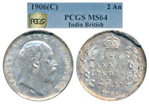 Edward VII, Silver 2 Annas, 1906, Calcutta Mint (Prid 559). Graded by PCGS MS64.