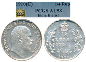Edward VII, Silver ¼ Rupee, 1910, Bombay Mint, dot on the vine, Unlisted in Pridmore. Grad