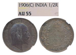Edward VII, Silver ½ Rupee, 1906, Calcutta Mint, No mint mark, (Prid 310). Graded by NGC A