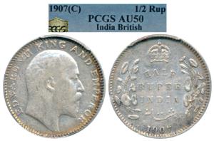 Edward VII, Silver ½ Rupee, 1907, Calcutta Mint, No mint mark, (Prid 311). Graded by PCGS 