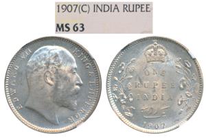 Edward VII, Silver Rupee, 1907, Calcutta Mint, (Prid 193). Graded by NGC MS63.