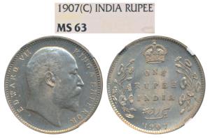 Edward VII, Silver Rupee, 1907, Calcutta Mint, (Prid 193). Graded by NGC MS63.