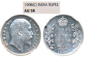 Edward VII, Silver Rupee, 1908, Calcutta Mint, (Prid 194). Graded by NGC AU58.
