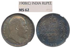 Edward VII, Silver Rupee, 1908, Calcutta Mint, (Prid 194). Nice toning, Graded by NGC MS62