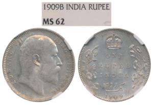 Edward VII, Silver Rupee, 1909, Bombay Mint, B incuse with dot on the vine, (Prid 205). Gr