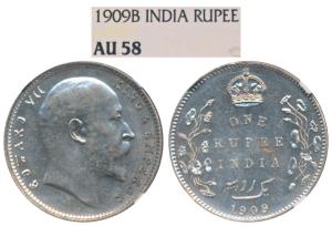 Edward VII, Silver Rupee, 1909, Bombay Mint, B incuse with dot on the vine, (Prid 205). Gr