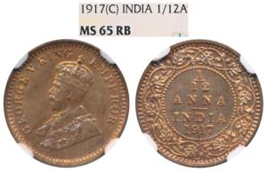 George V, Bronze 1/12 Anna, 1917, Calcutta Mint, (Prid 832). Graded by NGC MS65RB.