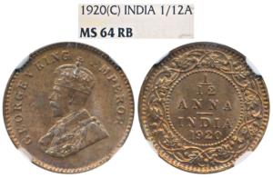 George V, Bronze, 1/12 Anna, 1920, Calcutta Mint (Prid 835). Graded by NGC MS64RB.