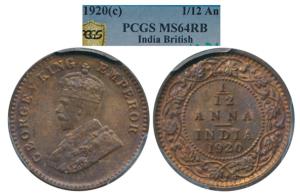 George V, Bronze 1/12 Anna, 1920, Calcutta Mint, (Prid 835). Graded by PCGS MS64RB.