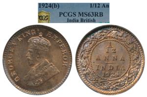George V, Bronze 1/12 Anna, 1924, Bombay Mint, (Prid 852). Graded by PCGS MS63RB.