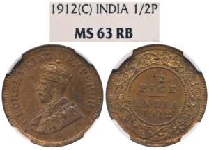 George V, Copper ½ Pice, 1912, Calcutta Mint (Prid 745). Graded by NGC MS63RB.