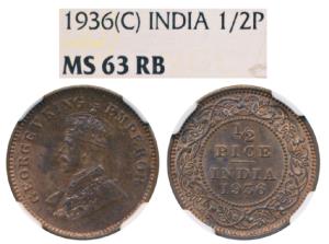 George V, Copper ½ Pice, 1936, Calcutta Mint, (Prid 769). Graded by NGC MS63RB.