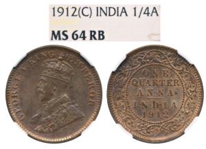 George V, Bronze ¼ Anna, 1912, Calcutta Mint, (Prid 658). Graded by NGC MS64 RB.