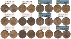 George V, Bronze ¼ Anna (12), 1913, Calcutta Mint, (Prid 659) Graded by NGC MS63RB; 1918, 