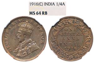George V, Copper ¼ Anna, 1916, Calcutta Mint, (KM 512). Graded by NGC MS64RB, Rare. Simila