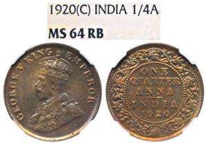 George V, Copper ¼ Anna, 1920, Calcutta Mint (Prid 665). Graded by NGC MS64RB.
