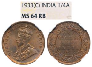 George V, Copper ¼ Anna, 1933, Calcutta Mint, (Prid 673). Graded by NGC MS64.