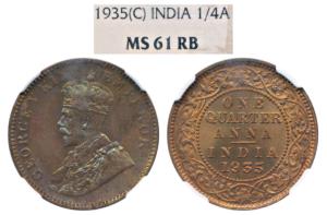 George V, Copper ¼ Anna, 1935, Calcutta Mint, (Prid 675). Graded by NGC MS61RB.
