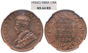 George V, Copper ¼ Anna, 1936, Calcutta Mint, (Prid 676). Graded by NGC MS64RD.