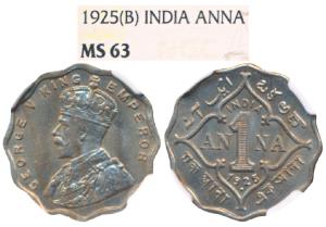 George V, Cupro-Nickel Anna, 1925, Bombay Mint, (Prid 953). Graded by NGC MS64.