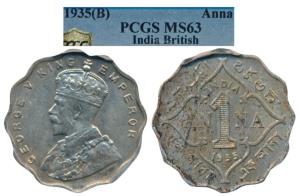 George V, Cupro-Nickel Anna, 1935 Bombay Mint (Prid 957). Graded by PCGS MS63.