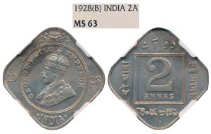 George V, Cupro-Nickel 2 Annas, 1928, Bombay Mint (Prid 901). Graded by NGC MS63, Rare.