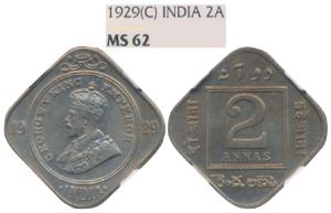George V, Cupro Nickel 2 Anna, 1929, Calcutta Mint (Prid 889). Graded by NGC MS62.