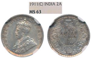 George V, Silver 2 Annas, 1911, Calcutta Mint, (KM 564). Graded by NGC MS63, Rare.