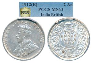 George V, Silver 2 Annas, 1912, Bombay Mint (Prid 571). Graded by PCGS MS63.