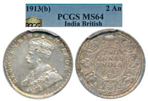 George V, Silver 2 Annas, 1913, Bombay Mint, (Prid 572). Graded by PCGS MS64, Rare.